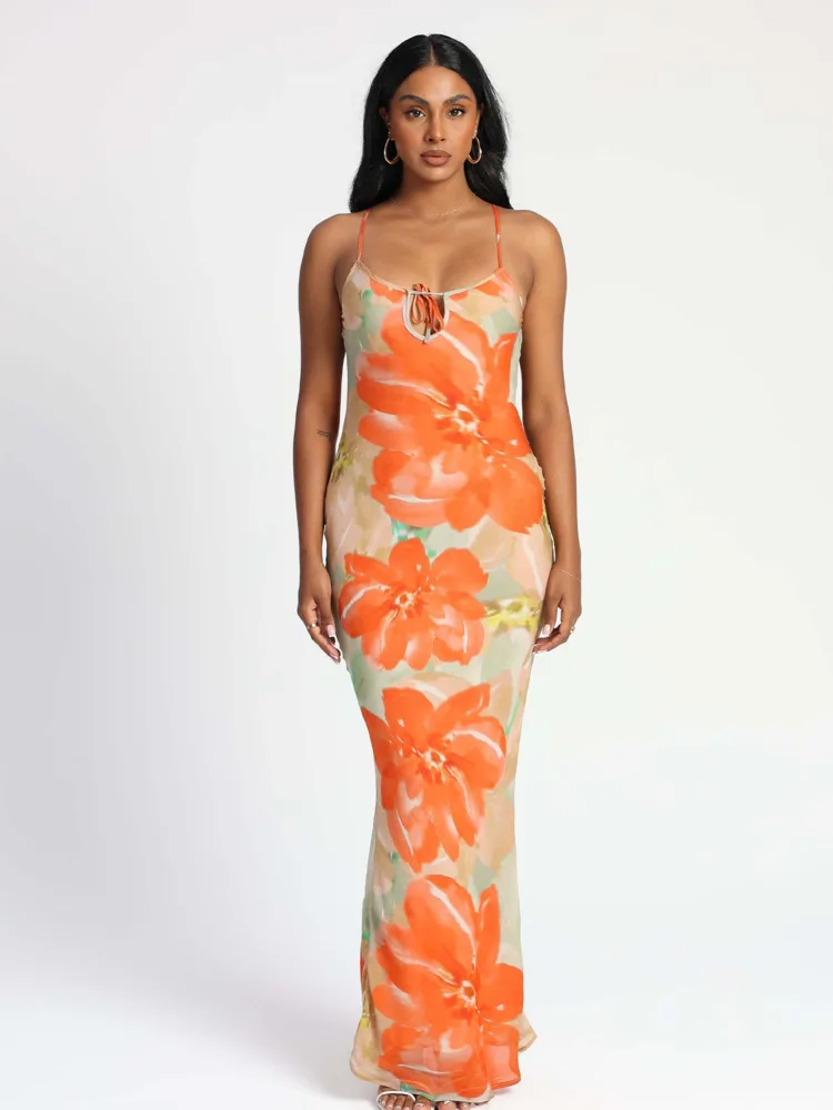 

JULISSA MO 2024 Summer Sexy Backless Slip Lace-up Sleeveless Women Maxi Dress For Ladies Hollow Out Print Floral Slim Long Dress