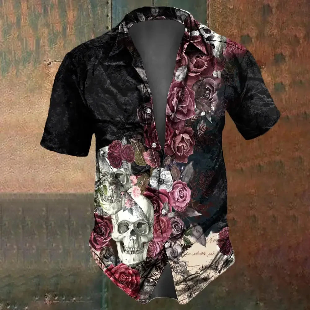 Retro Flower Skull Print Men's Shirt Summer Fashion Street Hip Hop Tops Oversized T-Shirts casual short sleeved shirt short sleeved shirt
