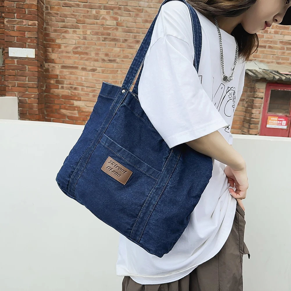 Women Square Grocery Bag Large Capacity Denim Versatile Shopping Bag Solid Color Female Daily Commute Bag