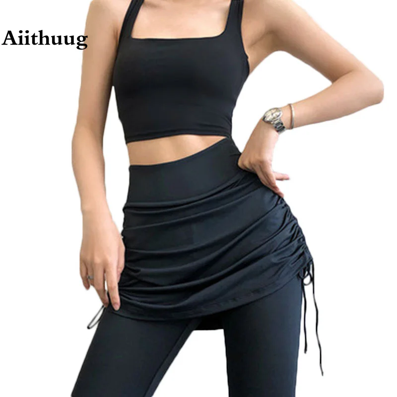

Aiithuug Fake Two Pieces Gym Legging Yoga Pants Jogging Running Leggings Yoga Leggings Fitness Tights Workout Skorts Drawstring