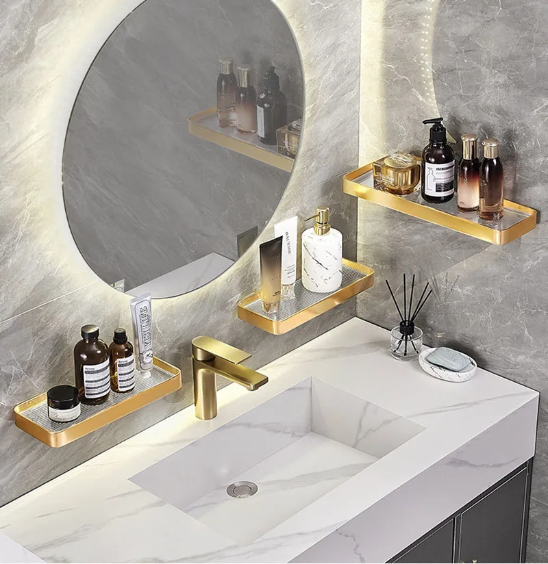 Brushed Gold Bathroom Shelf Aluminum Wall-mounted Shower Storage Rack Bath  Shampoo Holder Corner shelf Bathroom