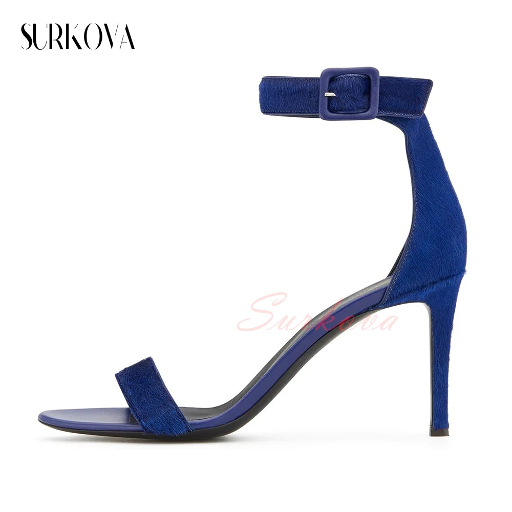 

Dark Blue Narrow Band Ankle Buckle Concise Sandals for Women Round Toe Stiletto Open Toe Sandals Ladies Fashion Dress Shoes New