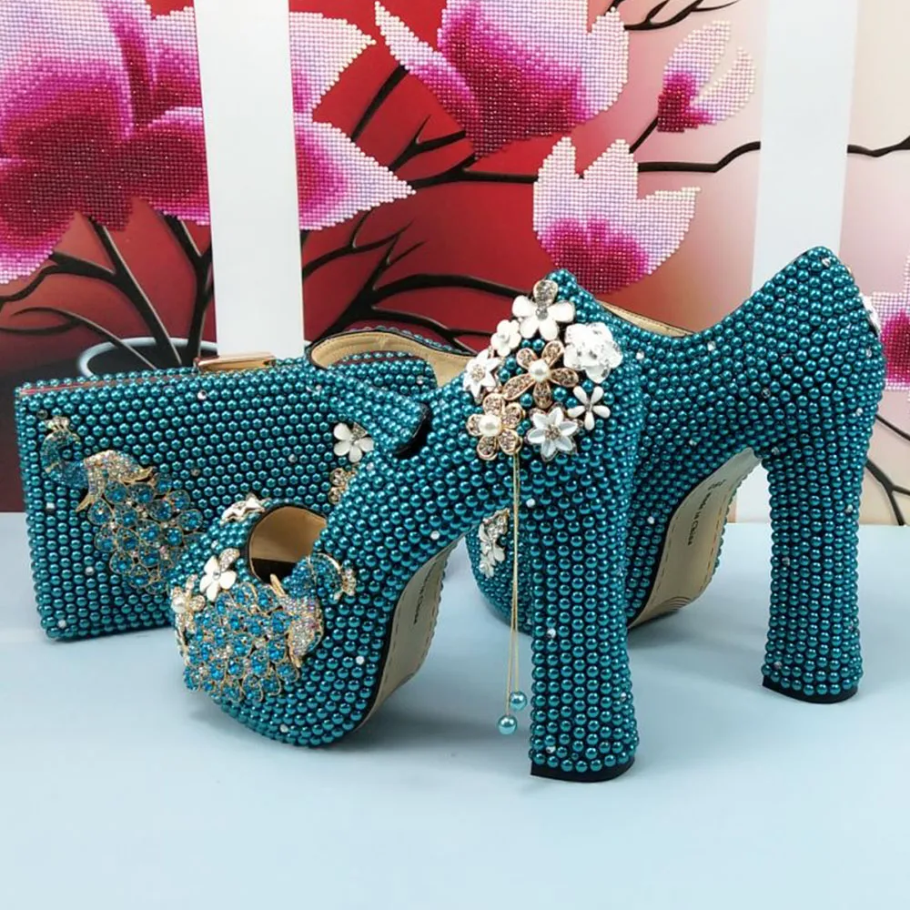 

Fashion Teal Blue Pearl Open Toe Wedding Shoes and bag Set Woman High Pumps Thick Heel Party Shoes Macthing Evening Bag Peep Toe