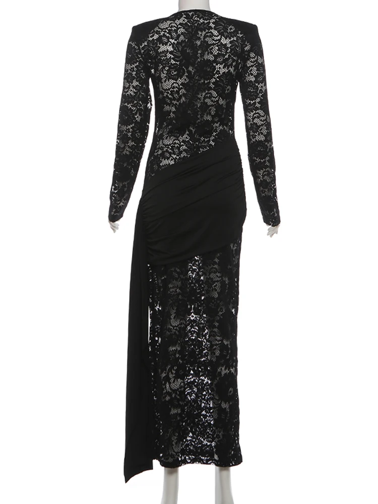 Nibber Patchwork Maxi Dress Women Long Tassel See Through o-Neck Full Sleeve Sexy Midnight Coquett Fashion Spring Chic Vestidos