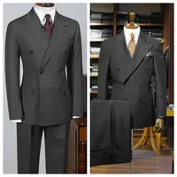 Gray Striped Men's Suit 2 Piece Set Man double-breasted Slim Fit Business Formal suit Casual Suit Jacket Pant Groom's suit dress
