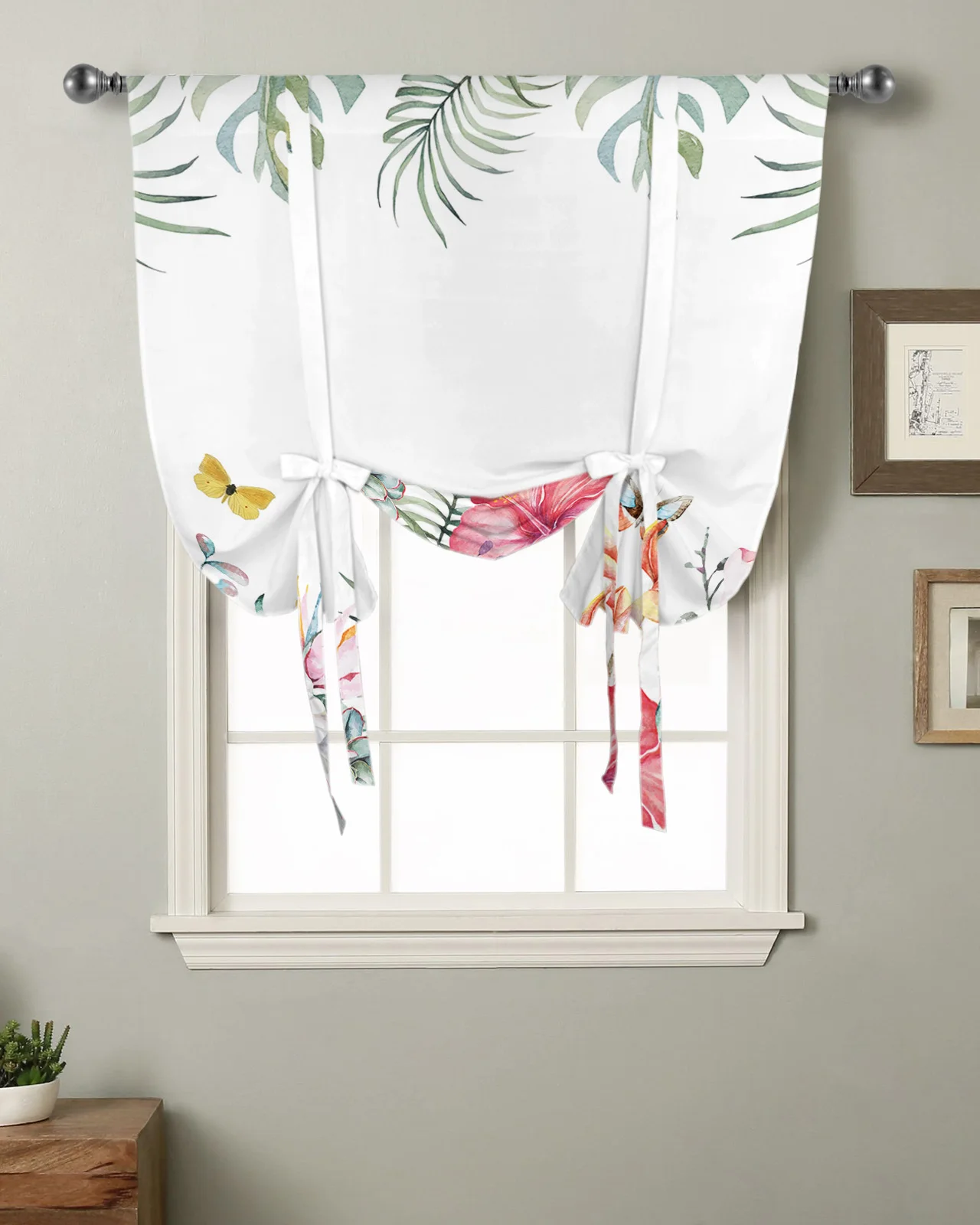 

Pastoral Style Tropical Plants Flowers Butterfly Kitchen Short Window Curtain Home Decor Small Window Roman Tie Up Curtains