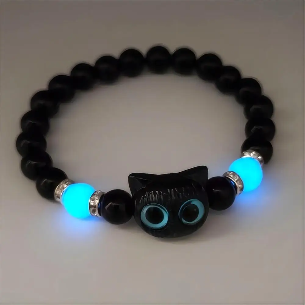 Pulseras luminosas de gato de ojo grande para mujer, colgante de Animal de dibujos animados, cadena de mano con cuentas, pulsera de amistad, regalo de joyería para pareja