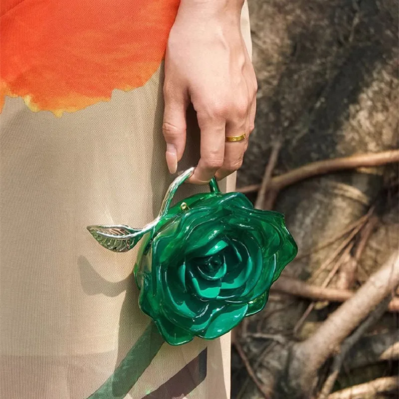 Luxury Designer Acrylic Solid Rose Flower Clutch Purse For Wedding Party Women's Handbag Fashion Evening Bag Crossbody Bag