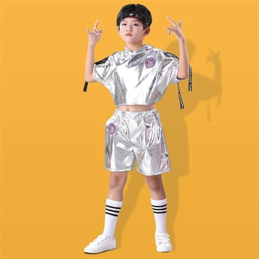 Kid Kpop Hip Hop Clothing Silver short sleeve Jacket Casual Pocket Jogger Pants for Girl Boy Jazz Dance Costumes Clothes Set