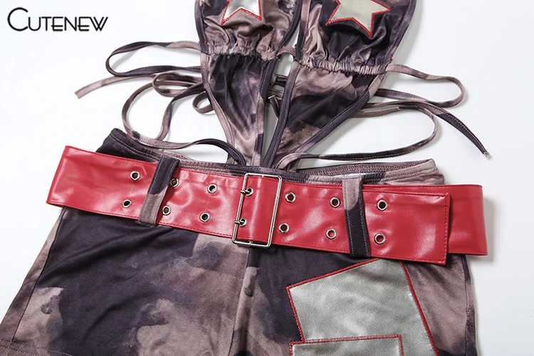 Monos con estampado de camuflaje para mujer, de verano, con cuello halter, espalda descubierta, escote en V, cinturón con hebilla, monos sexis con paneles, ropa de fiesta para discoteca para mujer