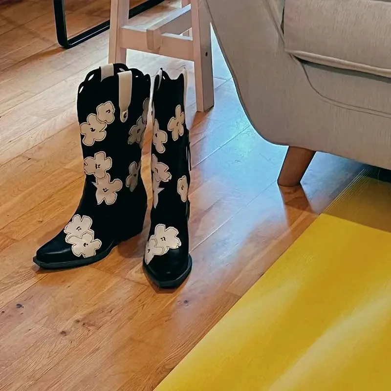 

2022 Autumn Winter New Thick Heel Mixed Colors Cowboy Boots Square Toe Retro Flower Print Slip-on Fashion Mid-calf Boots Woman