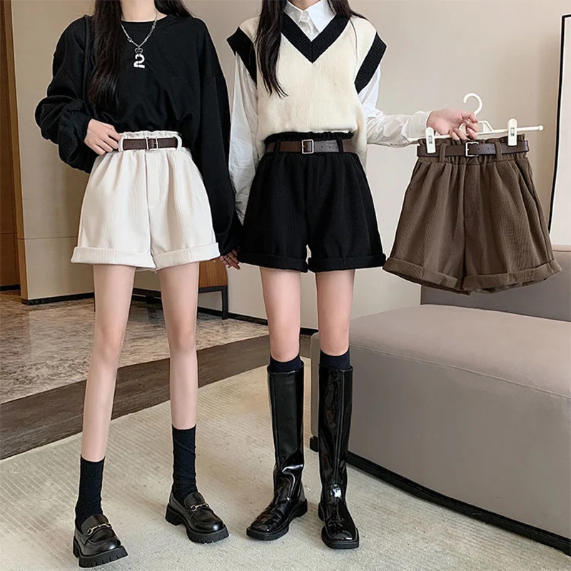 

[With Belt] Corduroy Wide Leg Shorts 2023 New Autumn/Winter Korean Version High Waist Loose and Slim Student Boots and Pants