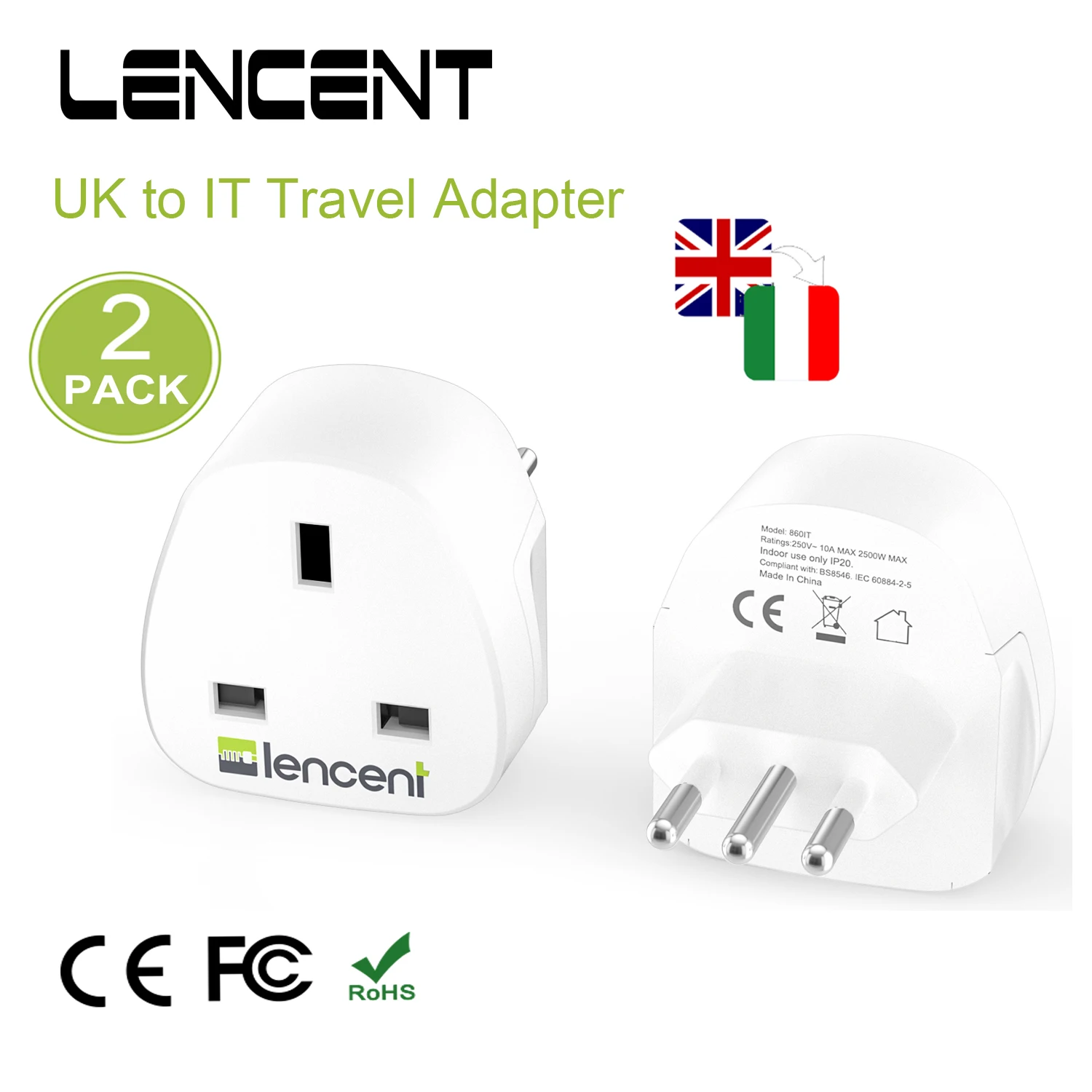 LENCENT 2 PCS UK to Italy Plug Adapter Grounded Italian Travel Adapter