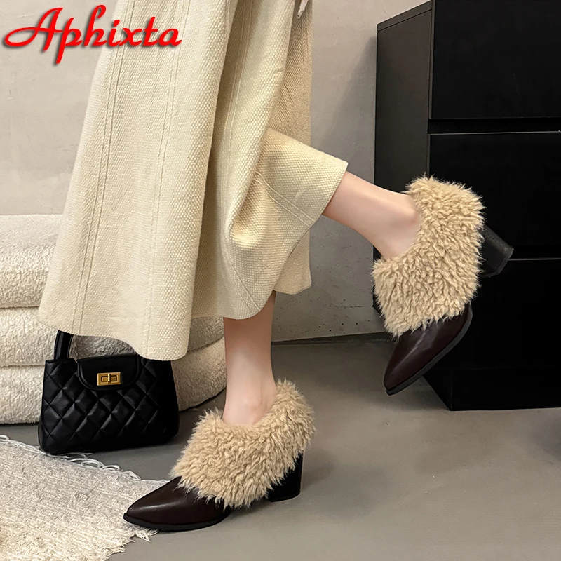 Aphixta Plush 7cm Chunky Heel Pumps Pointed Toe Curl Hair Warm Winter Shoes Women Bold and Versatile