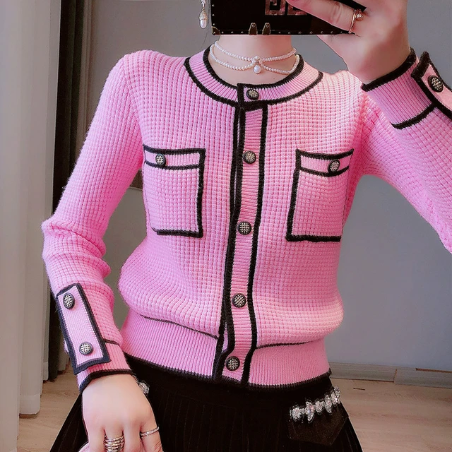 Women Vintage Black Cardigan 2022 Autumn Cropped Sweater Coat Round Neck  Single Breasted High Waist Knit Cardigan Pink Black - AliExpress