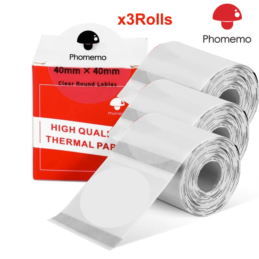 Phomemo 투명 라벨 자체 접착 라벨 용지, M110 200 220 라벨 메이커 프린터용, 열 스티커 인쇄 가능 용지, 3 롤