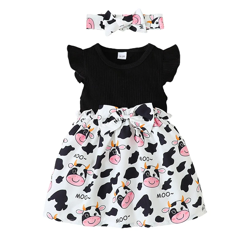 

Toddler Baby Girls Dress Summer Casual Cow Print Ruffle Flying Sleeve Dress and Headband for Party