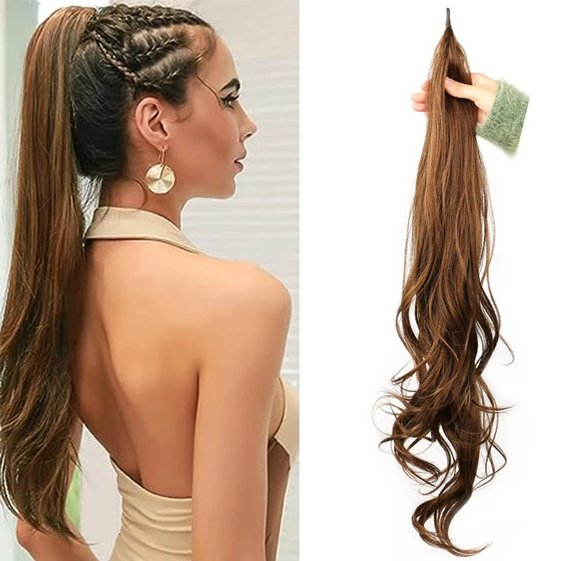 Long Flexible Wrap Around Ponytail Hair Extension for Women 32inch Ombre Brown Natural Wavy Synthetic Fibre Horse Tail Fake Hair