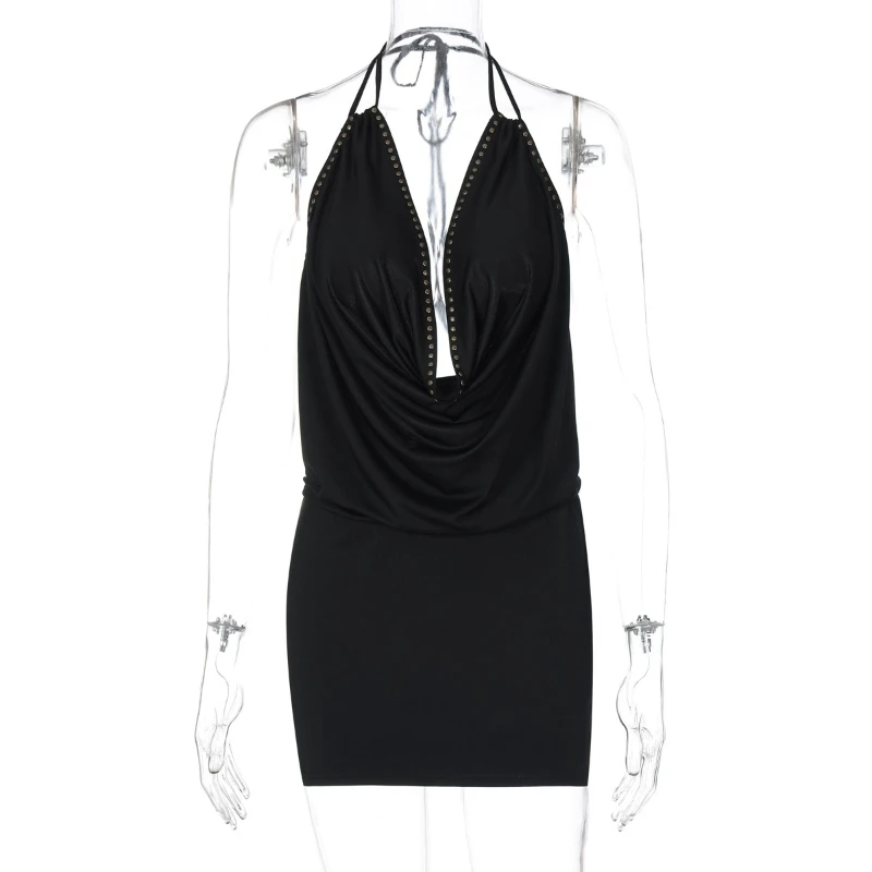 Summer New 2026 Women's Sexy Deep V Splicing Rivet Halter Backless Dress Fashion Street Style Solid Color Hip Wrap Mini Dress