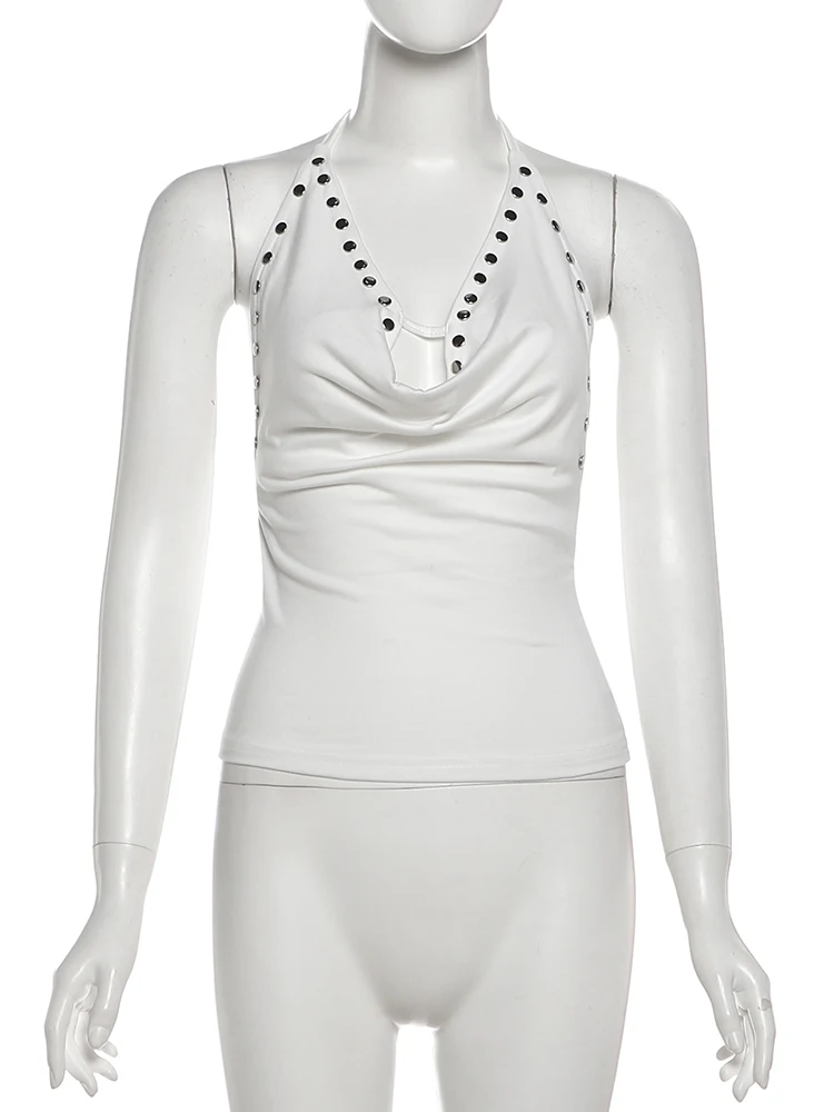 Nibber V-neck Sexy Trend Rivet Swing Collar Tank Tops Women Halter Backless Bandages Stretch Skinny Party Midnight Streetwear