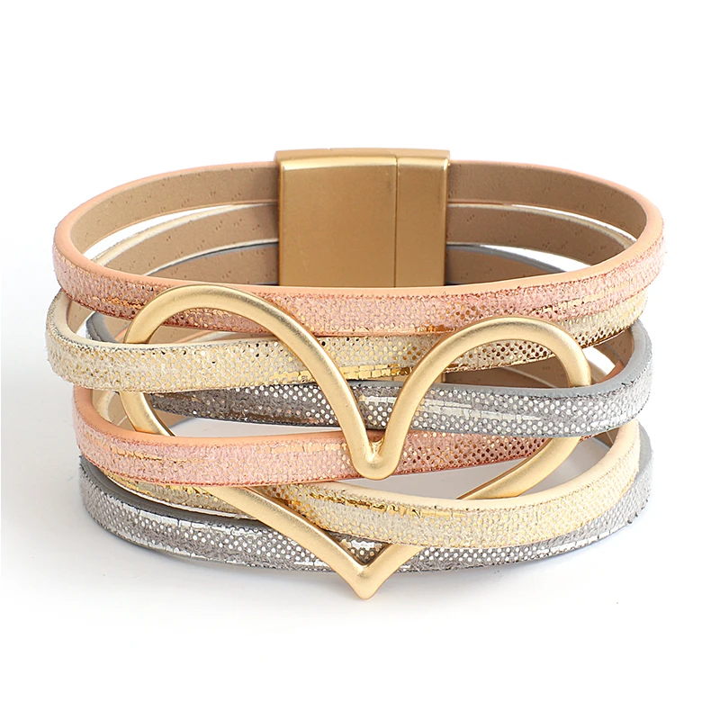 Gold Color Metal Heart Leather Bracelets for Women Charm Multilayer Wide Wrap Bracelet & Bangle Female Jewelry Gifts leather bracelet charm bracelet