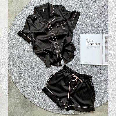 Silk Pajamas for Women Home Suit Heart Embroidered Pyjamas Pj Set Satin Nightwear Sleepwear 2020 Pijama Verano Mujer Black