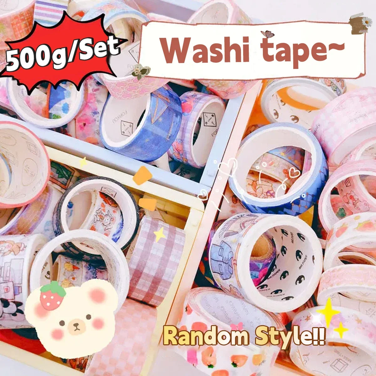 500g Random Washi Tape Set 50-60 Pcs No repeat Stationery Stickers Adhesive Masking Tape Scrapbooking Kawaii Journal Supplies 2