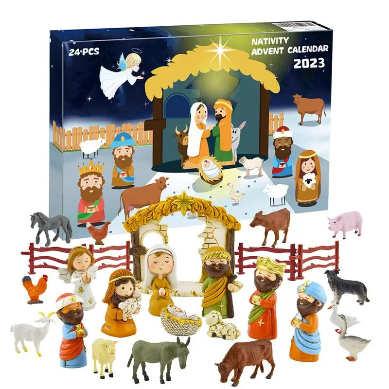Nativity Advent Calendar 24pcs Nativity Scene Resin Colorful Statue Set Christmas Countdown Calendar Toy for Festival Decor