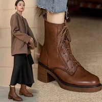2025 Winter Genuine Leather Women Boots Round Toe Thick Heel Lace Up Fashion Ankle Boots Retro Boots  Platform Shoes Heels Grown - Image 6