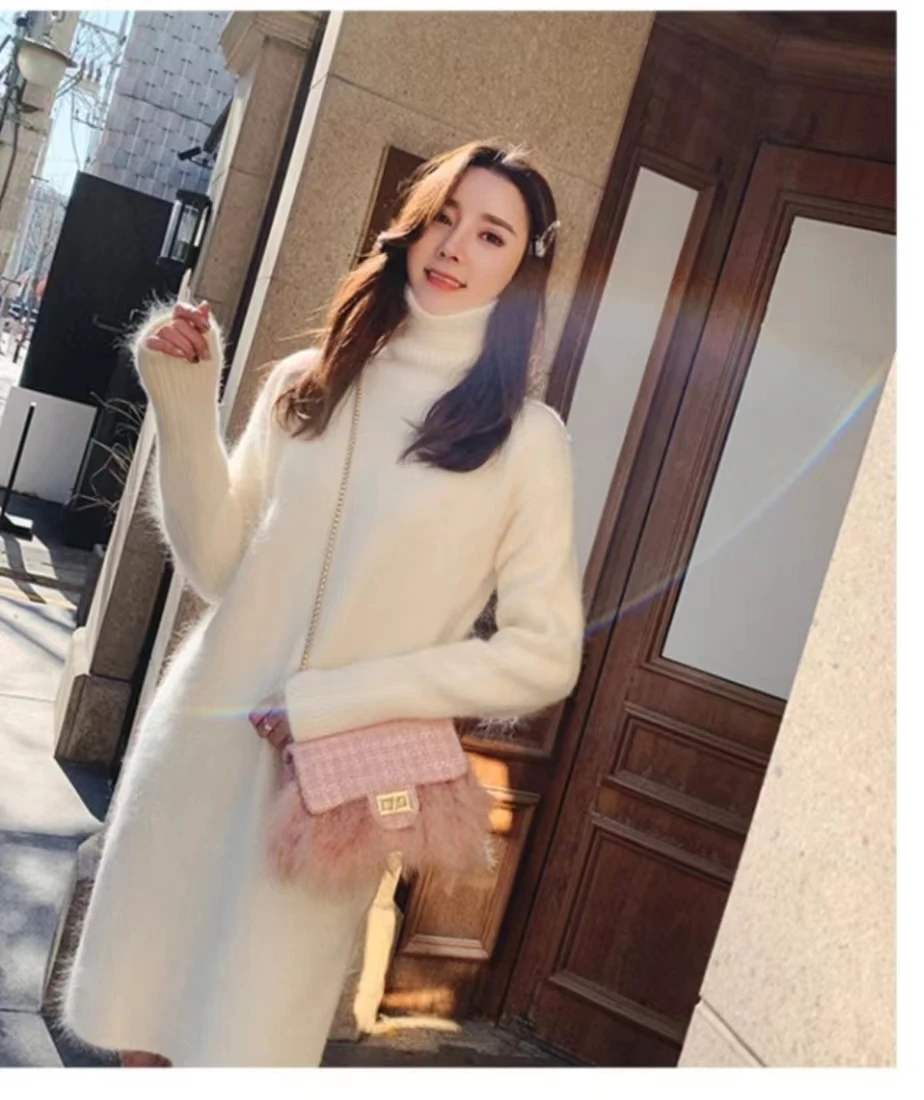 

Winter Fluffy Mink Cashmere Sweater Dress With High Neck Women's Turtleneck Knit Pullover Loose Cashmere Sweater Free Ship W047