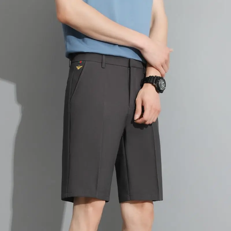 Summer Fashion Men Suit Shorts Solid Zipper Pockets Little Bee Embroidery Korean Streetwear Casual Versatile Slim Short Pants