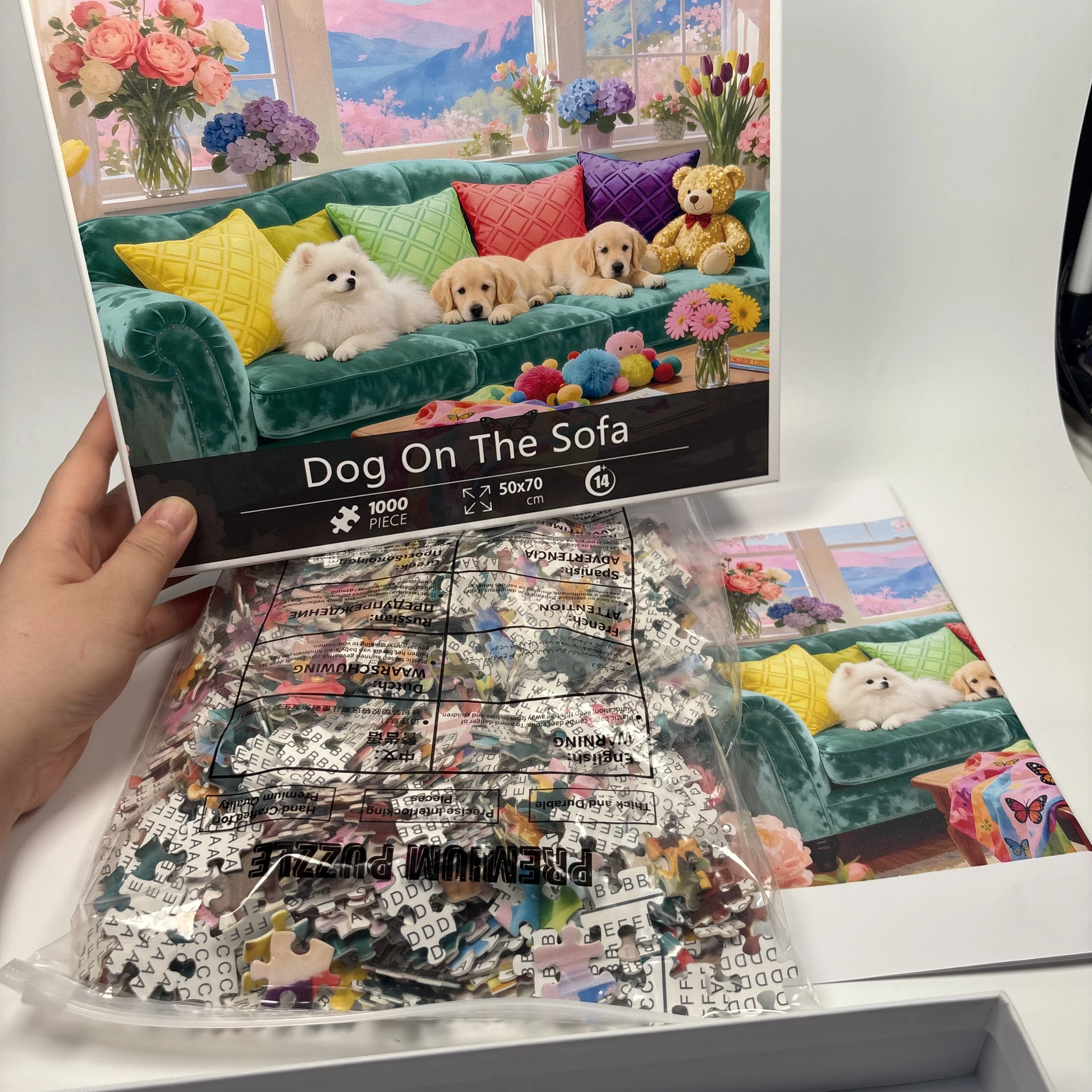 흰색 판지 성인용 퍼즐 1000개들이 한 상자, 소파 위의 개들 - 70x50cm/27.6x19.7인치, 애완동물 퍼즐, 좋은 선물 선택