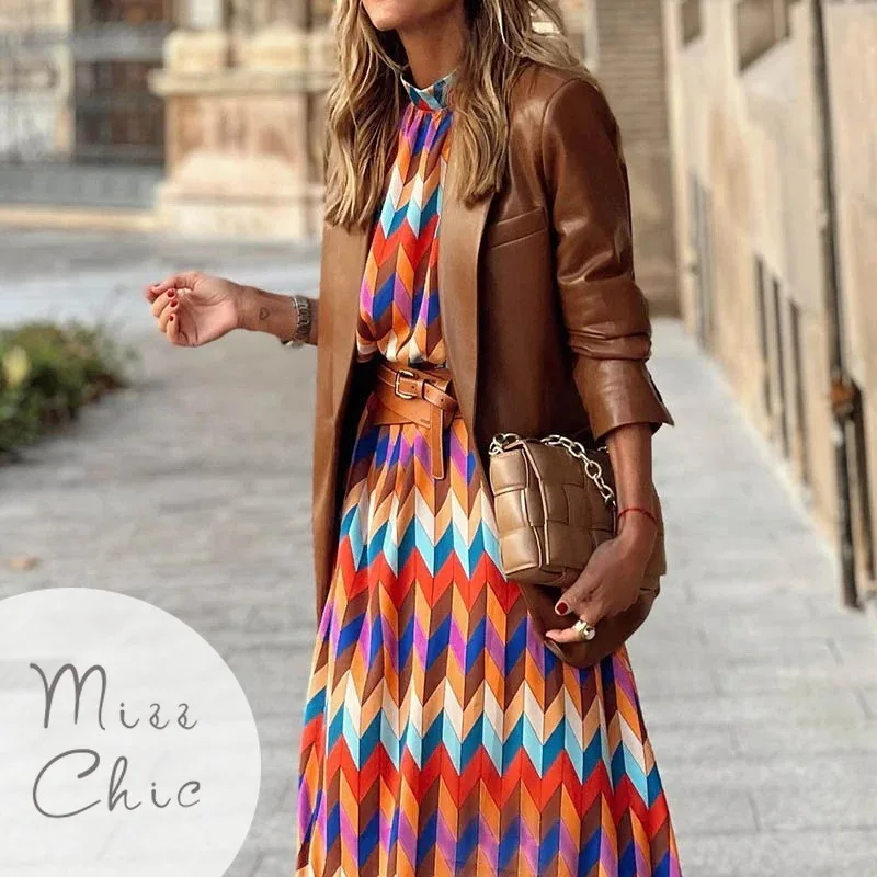 

Elegant Long Sleeved Dress Colored Print Midi 2023 Bohemian Vacation Half High Collar Loose Dress Contrasting Colors 2023
