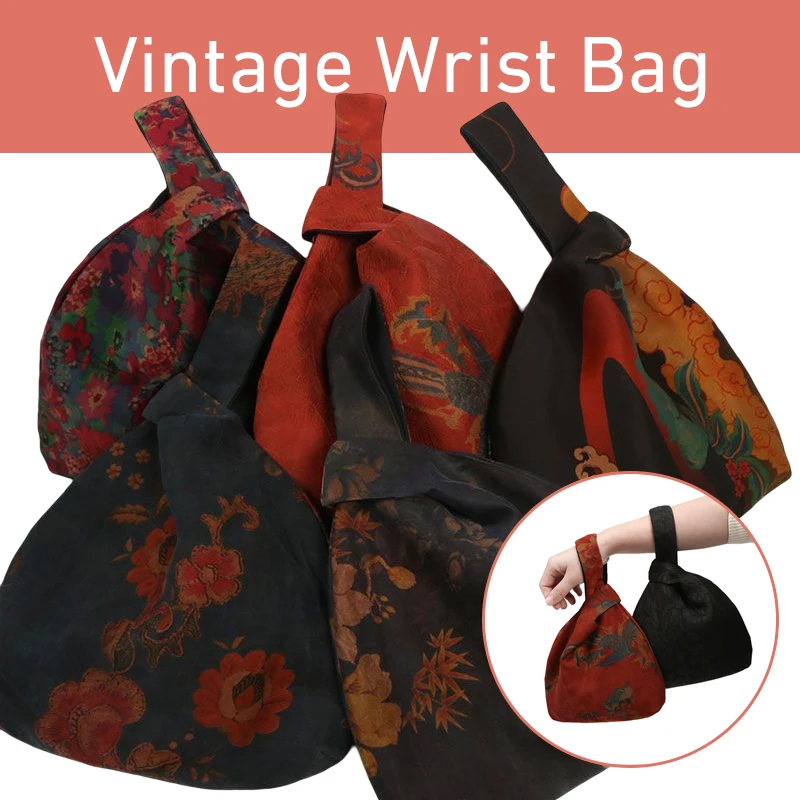 

Retro Mulberry Silk Knotted Wrist Bag Printed Tote Purse Key Phone Pouch Wallet Go Out Small Gauze Chinese Hand Bag