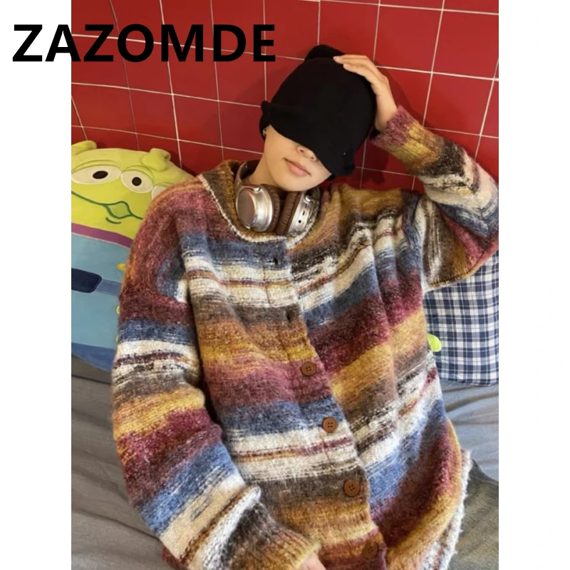 ZAZOMDE 가을 레트로 스트라이프 가디건 스웨터, Y2K 상의, 캐주얼 스웨터 코트, 패션 루즈 니트 점퍼, 하라주쿠 커플 스웨터