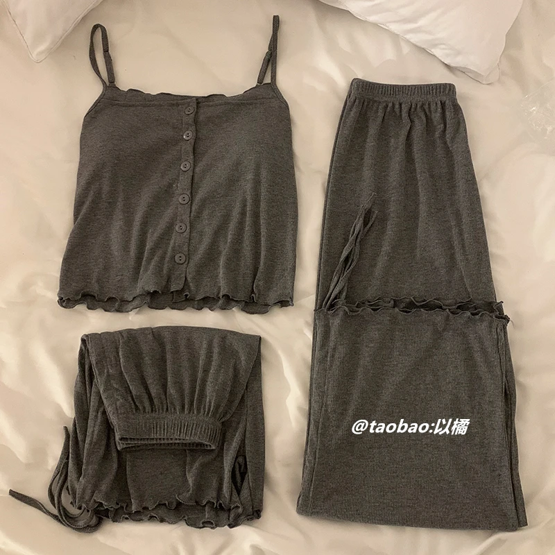

Summer Suspender Vest Pajamas Female Korean Solid Color Three-piece Suit With Chest Pad Pure Cotton Senior Sense Home Clothes