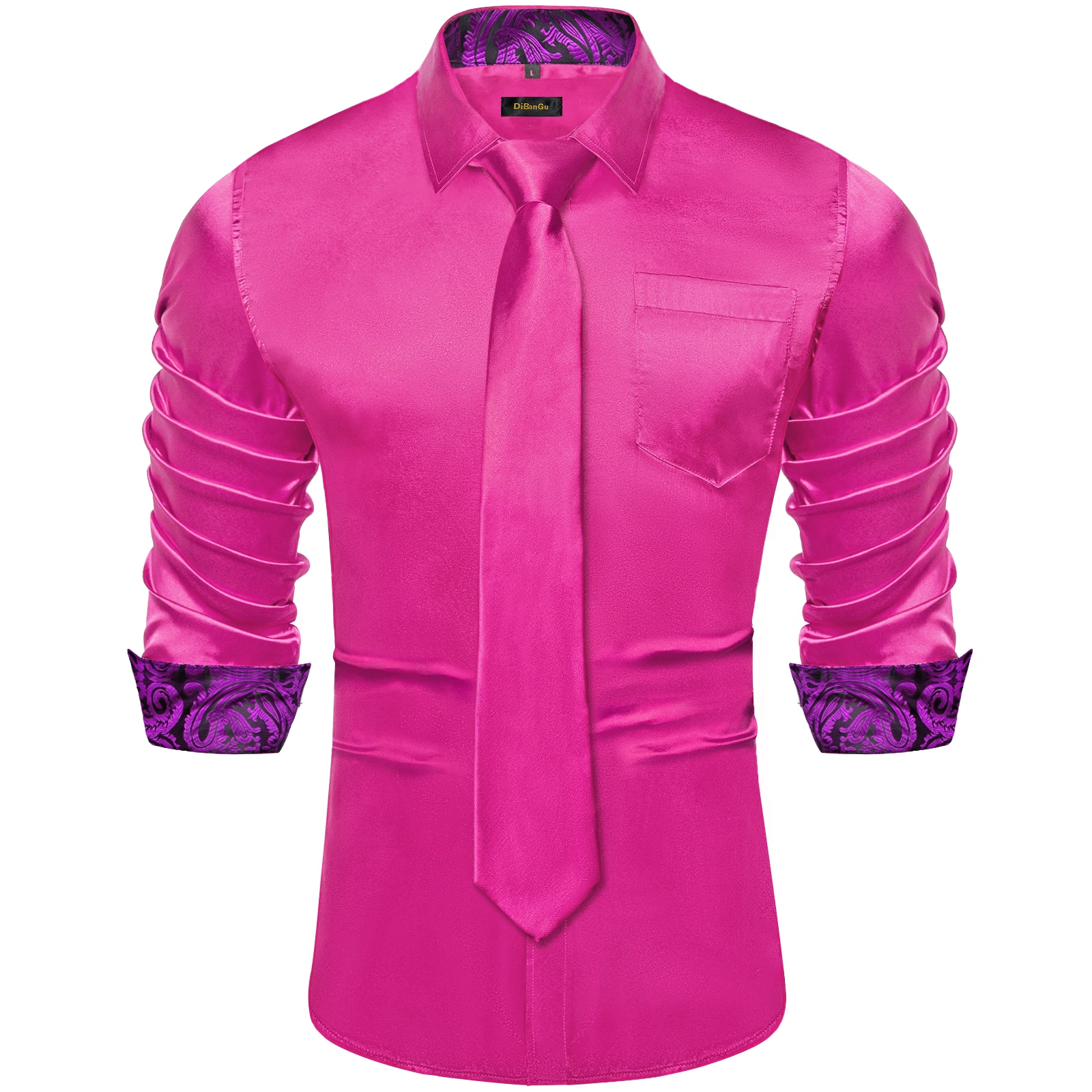 

Hot Pink Designer Stretch Satin Shirts for Men Paisley Splicing Contrasting Colors Men Clothing Long Sleeve Men's Social Shirts