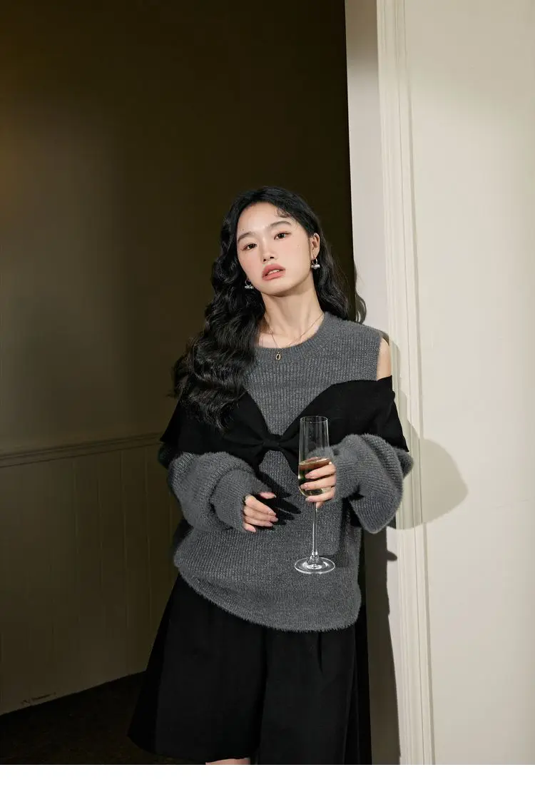 Women Fashion Loose Knit Sweater Sexy Off Shoulder Long Sleeve Gray Bow Jumpers Female Pullovers Korea Chic Tops