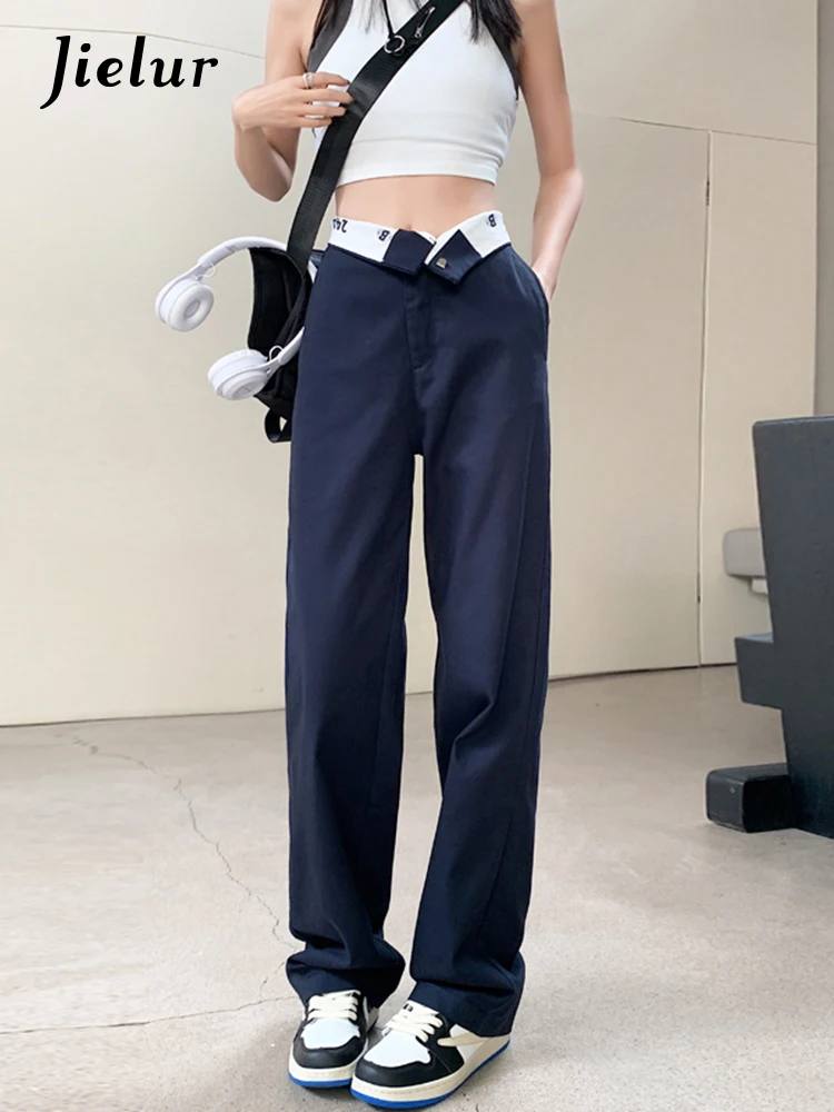 Jielur Hit Color High Waist Pants Women Pockets Loose High Street Straight  Pants Summer Navy Blue Khaki Trousers Female S-XL