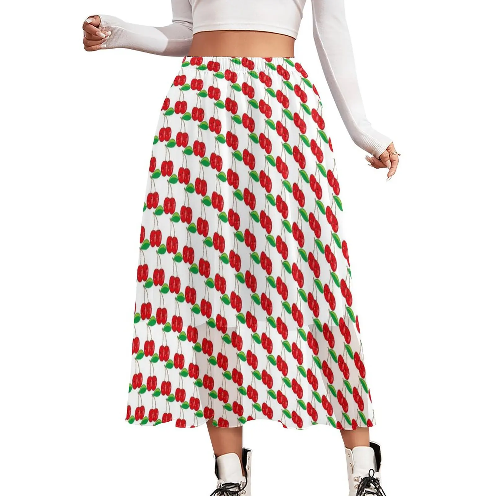 

Kawaii Red Cherries Skirt Summer Fruit Trendy Boho Skirts Summer Street Wear High Waist Chiffon Graphic Oversized A-line Skirt