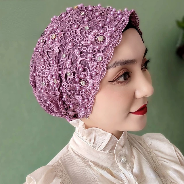 Beading Muslim Turban Caps Lace Headcover Islamic Wrap Head Turbante Summer Bonnets For Women Embroidery Flower Hijab Church Hat 2