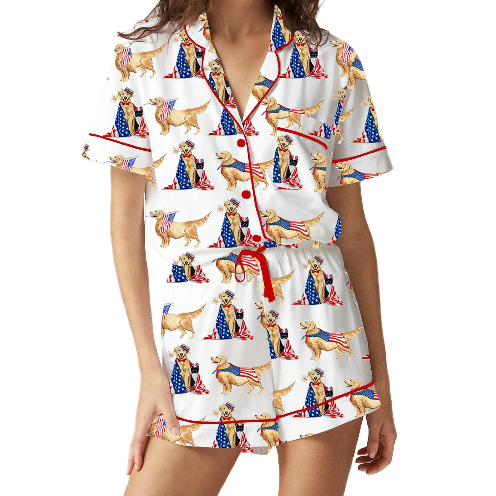 Conjunto de pijama feminino 4 de julho bandeira americana manga curta botão tops shorts de cintura elástica roupa de dormir de 2 peças 9