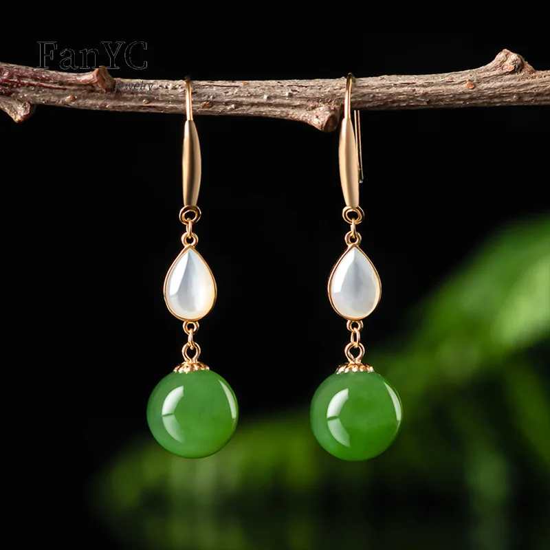 

Natural Hetian Jade Jasper White Fritillary Earrings 18K Gold Set with Spinach Green Luxury Fashion Women Jewelry Holiday Gift