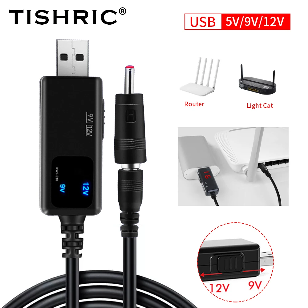TISHRIC KWS-910 Blue Display Voltage USB to DC 5.5/3. 5mm Router Optical Cat Booster Wire DC 5V to 9V/12V USB Power Boost Cable charging cable usb charging cable