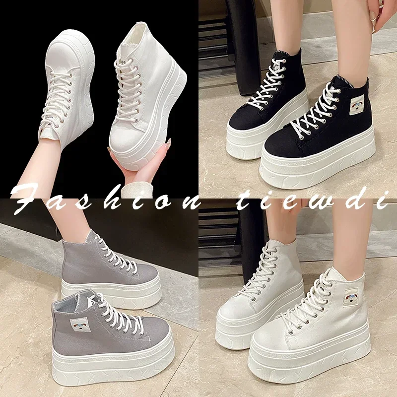 7.5CM 여성 발목 부츠 높은 플랫폼 Vulcanized 신발 웨지 힐 스니커즈 여성 봄 가을 두꺼운 단독 가죽 짧은 부츠