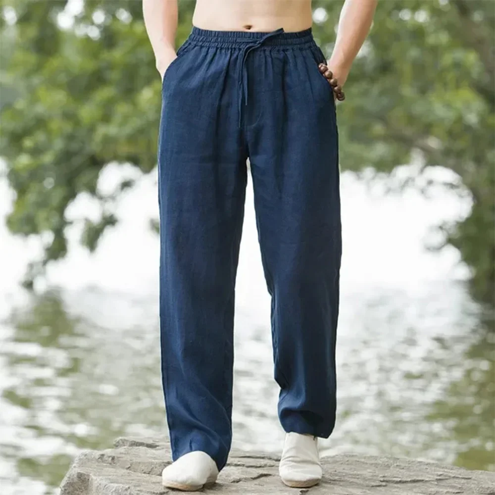 Men’s cotton linen beach pants in loose jogger style, casual sweatpants for Hawaiian vacation and summer streetwear