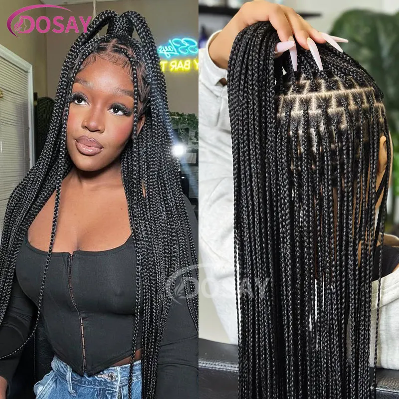 Full Lace Front Square Knotless Small Box Braided Wig 36Inch Synthetic Lace Frontal Braiding Wig With Baby Hair For Black Women