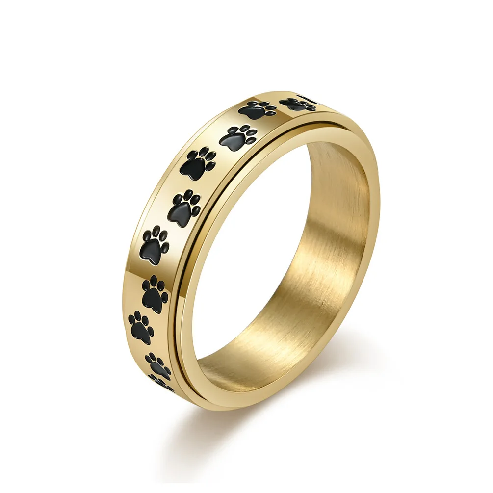 6mm Stainless Steel Black Enamel Paw Print Spinner Ring for Women - PeticaDeals