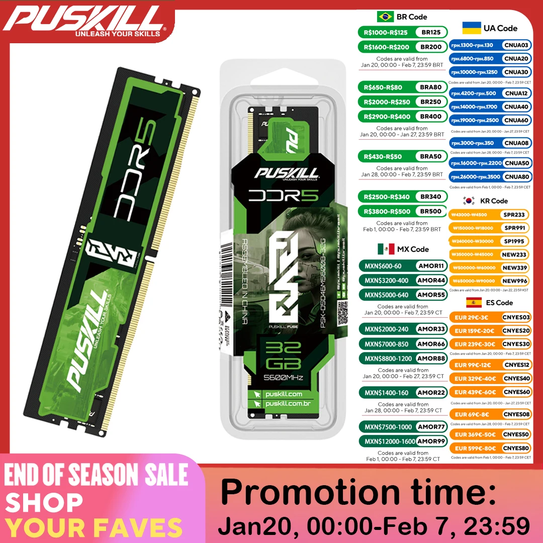 thumbnail image 1 of Memoria RAM PUSKILL FUSE DDR5 de 32 GB, 16 GB, 8 GB, 1,1 V, 4800 MHz, 5600 MHz, PC5 de 288 pines, memoria UDIMM para escritorio, 1 of 5
