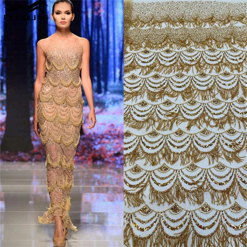 

Latest Bead Tube Sequence Pearls African Nigerian French Tulle Bridal Lace Fabric High Quality Luxury Beaded Lace Fabric